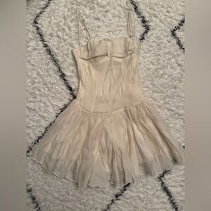 Cream Spaghetti-Strap Linen Babydoll Mini Sundress
